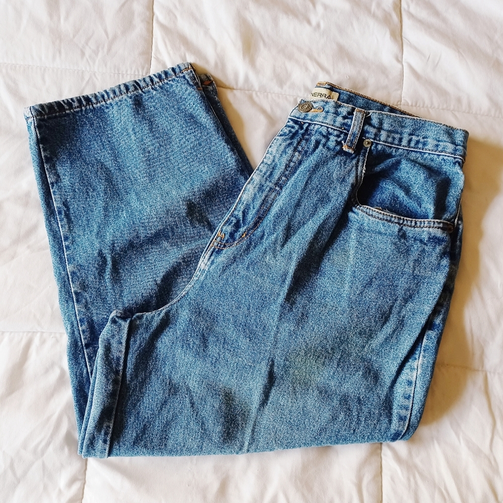 Generra Vintage Retro Cropped Baggy Jeans High Waisted Straight Leg Denim Light